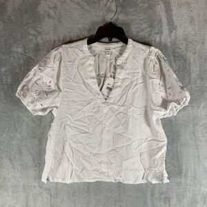 Splendid Women's Top M‎ Linen Blend White Boho Embroidered V Neck Festival